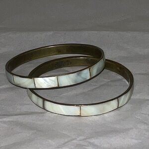 Vintage brass cuff bracelet Pearl shell inlay